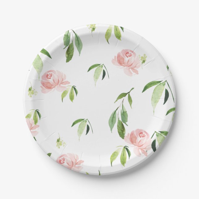 Cute Soft Pink Floral Flowers Greenery Foliage Paper Plate (Front)