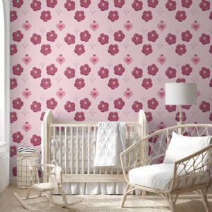 Cute Soft Pink Flowers and Hearts Home Floral Wallpaper
