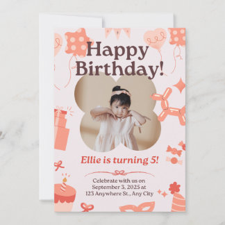 Cute Soft Pink Happy Birthday Kid Party Invitation