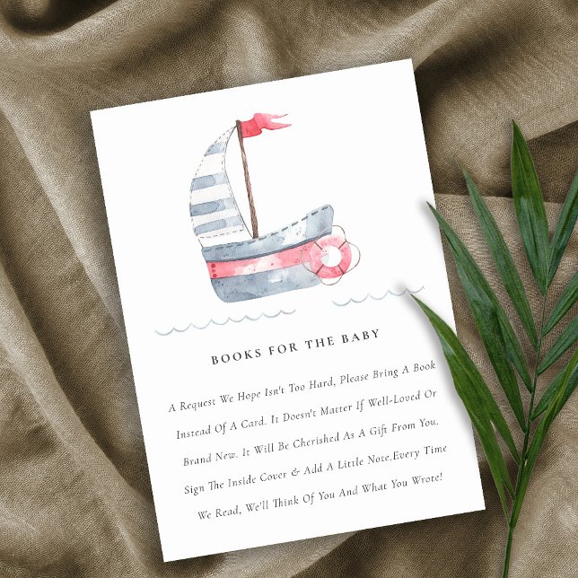 Cute Soft Red Blue Sailboat Books For Baby Shower Enclosure Card (Creator Uploaded)