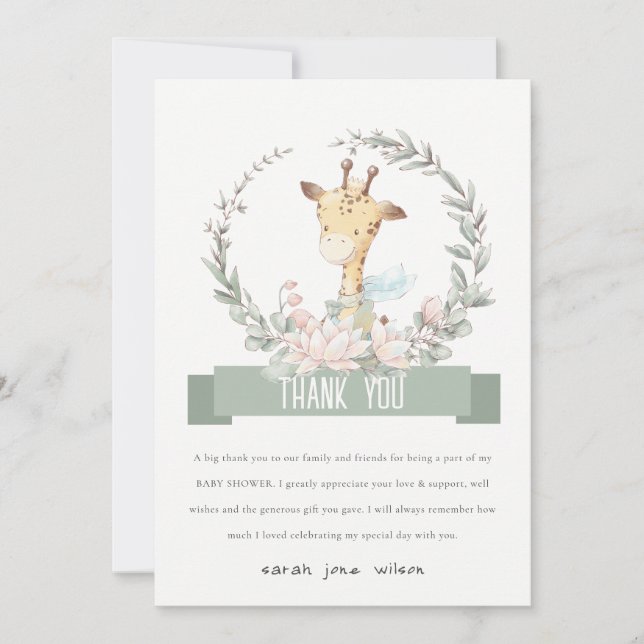 Cute Soft Safari Giraffe Floral Wreath Baby Shower Thank You Card (Front)