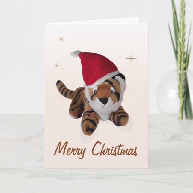 Cute Soft Toy Tiger In Santa Hat Merry Christmas Holiday Card (Front)