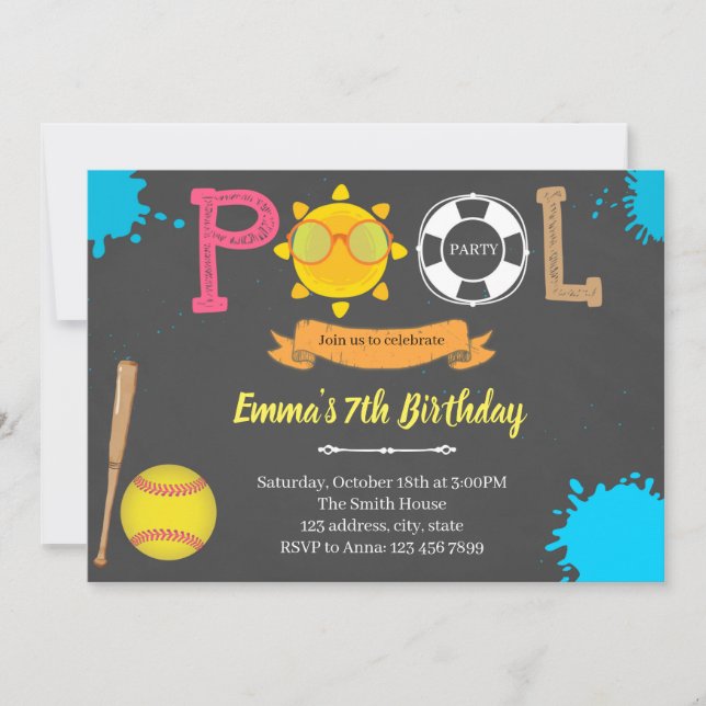 Cute softball baseball pool party invitation (Front)
