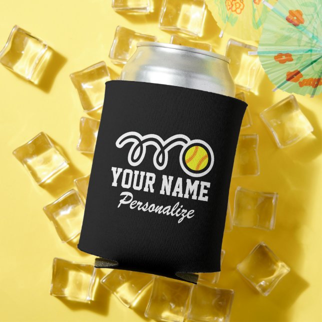 Cute softball cartoon custom name Birthday gift Can Cooler (In Situ Summer)