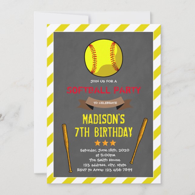 Cute softball party invitation (Front)