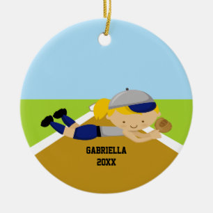 Cute Softball Player in Blue & Grey Ornament