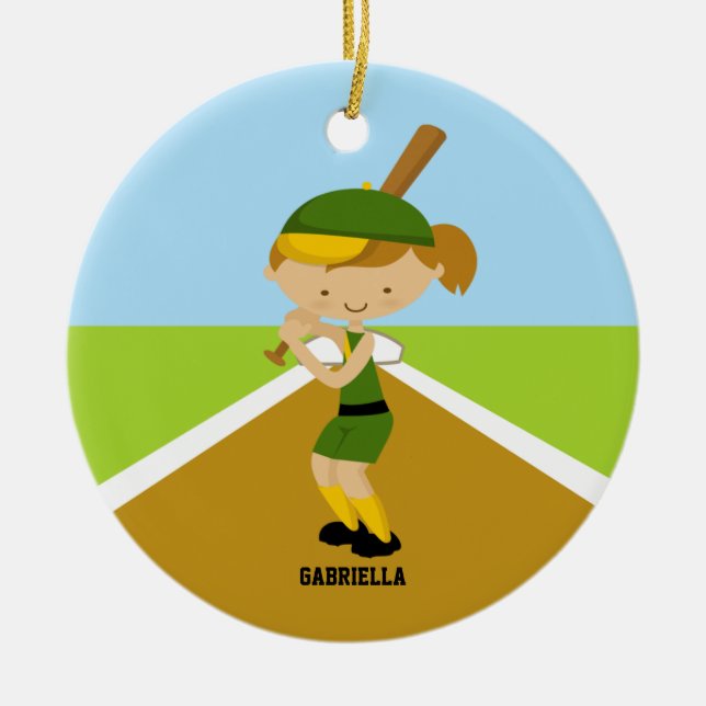 Cute Softball Player in Green & Yellow Ornament (Front)
