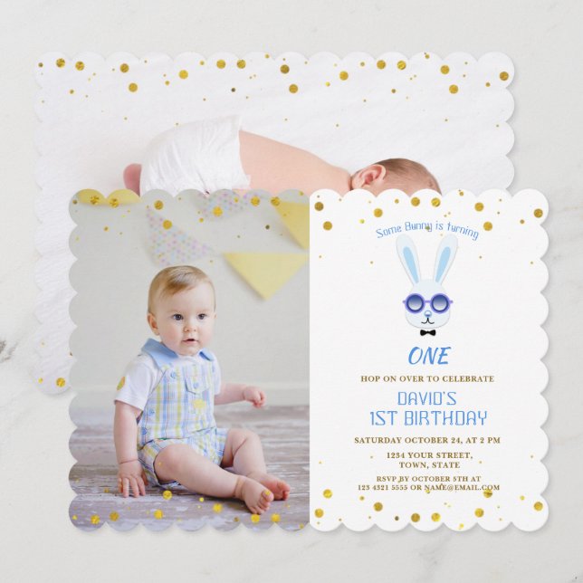 Cute Some Bunny Boy Photo 1ST Birthday Invitation (Front/Back)