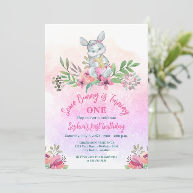 Cute Some Bunny Floral Birthday Party Invitation (Standing Front)