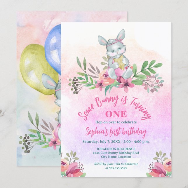Cute Some Bunny Floral Birthday Party Invitation (Front/Back)