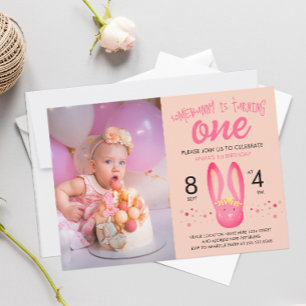 Cute Some Bunny Is One Pastel Pink Dots Photo Invitation