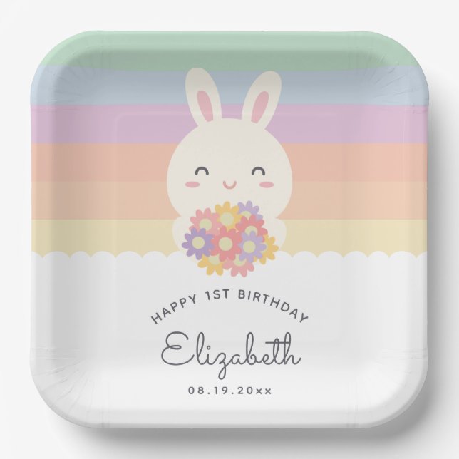 Cute Some Bunny is Turning One Rainbow Birthday Paper Plate (Front)
