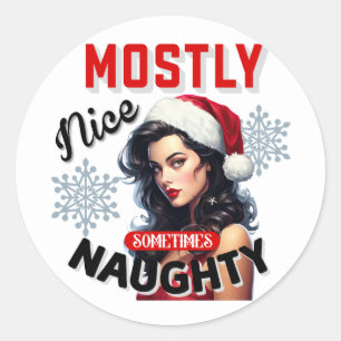 Cute Sometimes Naughty Retro Christmas Pinup Classic Round Sticker