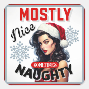 Cute Sometimes Naughty Retro Christmas Pinup Square Sticker