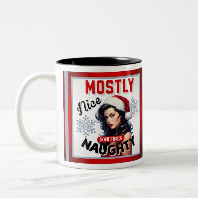 Cute Sometimes Naughty Retro Christmas Pinup Two-Tone Coffee Mug (Left)