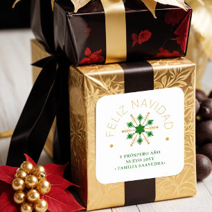 Cute Sophisticated Gold & Green Snowflake Spanish Square Sticker