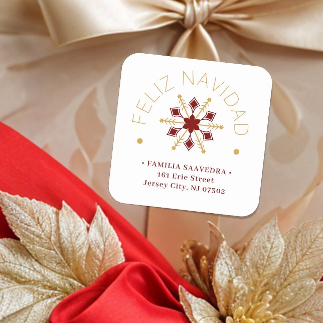 Cute Sophisticated Gold & Red Snowflake Christmas  Square Sticker (Cute Sophisticated Faux Golden & Dark Red Snowflake Christmas Winter Square Stickers in Spanish.)