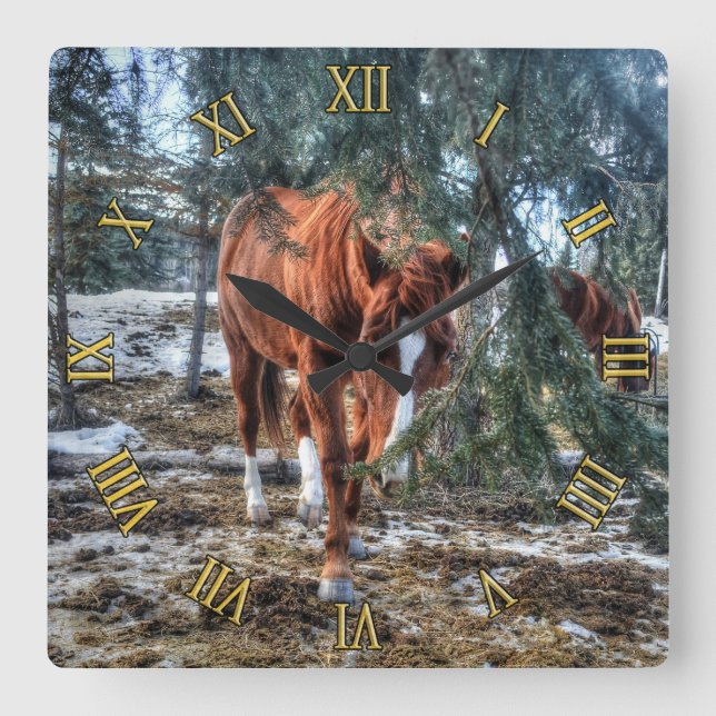 Cute Sorrel Mare and Branches Horse-lover Gift Square Wall Clock (Front)