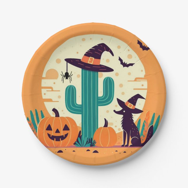 Cute, southwestern Halloween desert/cactus Paper Plate (Front)