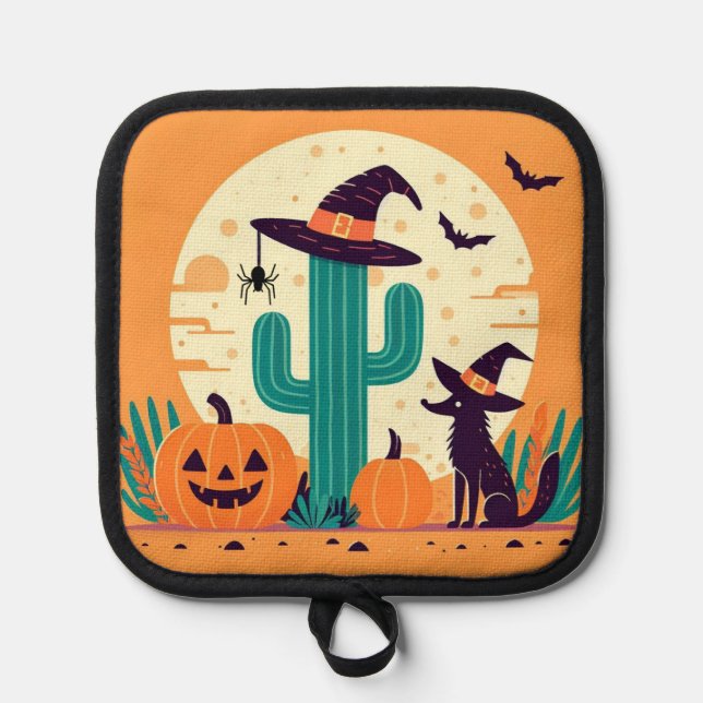Cute, southwestern Halloween desert/cactus Pot Holder (Front)