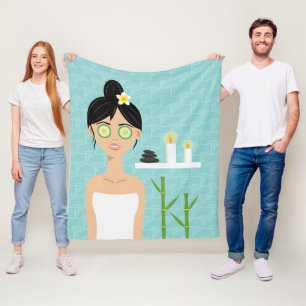 Cute Spa Woman In Blue Bathroom Illustration Fleece Blanket