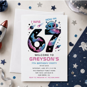 Cute Space 7th Birthday Six & Seven Year Old Invitation