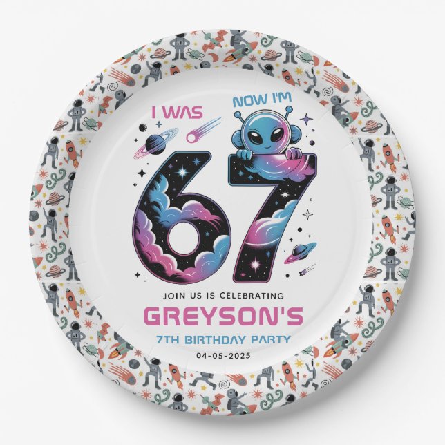 Cute Space 7th Birthday | Six & Seven Year Old Paper Plate (Front)