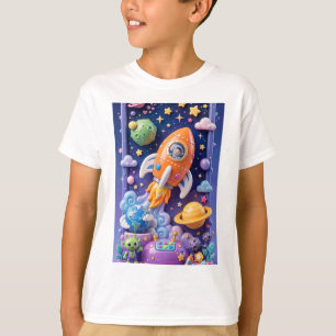 Cute Space Adventure 3D Rocket Vertical T-Shirt
