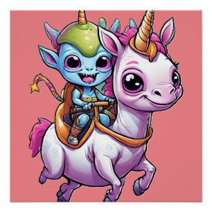 Cute Space Alien riding unicorn funny UFO  Poster