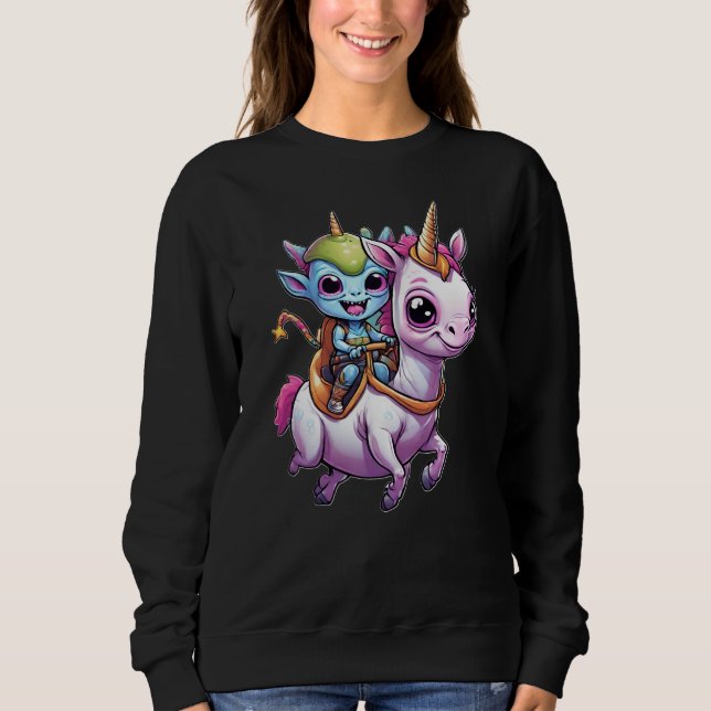 Cute Space Alien riding unicorn funny UFO  Sweatshirt (Front)