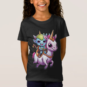 Cute Space Alien riding unicorn funny UFO  T-Shirt