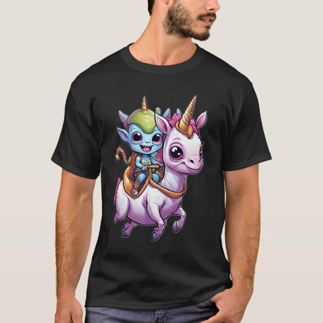 Cute Space Alien riding unicorn funny UFO  T-Shirt (Front)