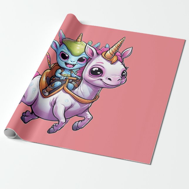 Cute Space Alien riding unicorn funny UFO  Wrapping Paper (Unrolled)