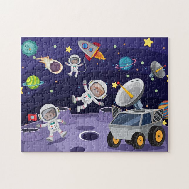 Cute Space Astronauts Moon Landing Kids Cartoon Jigsaw Puzzle (Horizontal)