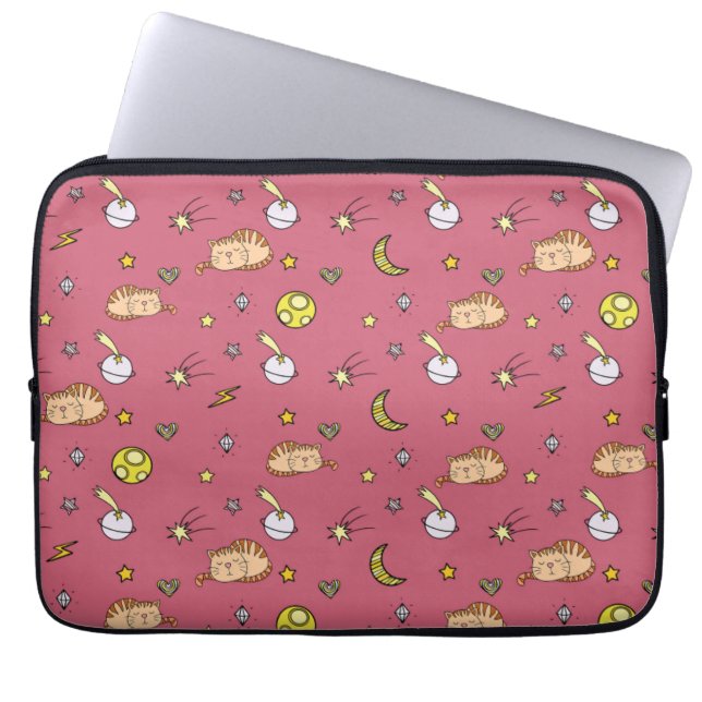 Cute Space Cat Pattern – Adorable Cosmic Kitty Laptop Sleeve (Front)