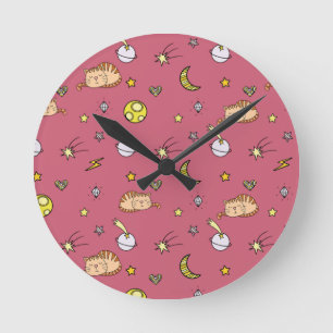 Cute Space Cat Pattern – Adorable Cosmic Kitty Round Clock