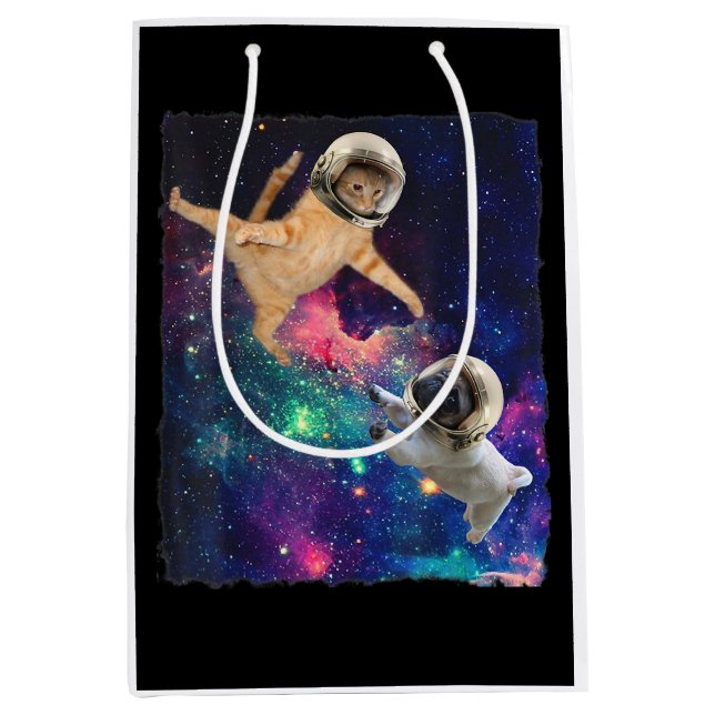 Cute Space Cat vs Space Dog Galaxy Epic Fight In O Medium Gift Bag (Front)