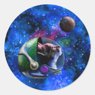 Cute Space Cat with Blue Galaxy Nebula Stars Classic Round Sticker