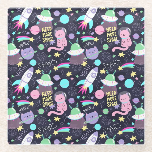 Cute Space Cats Glass Coaster (Front)