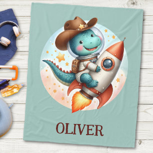 Cute Space Cowboy Dino Riding Space Rocket Fleece Blanket