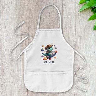 Cute Space Cowboy Dinosaur Riding Space Rocket Kids Apron