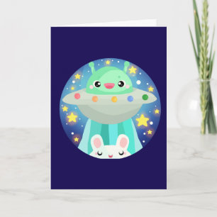 Cute Space Creature And Bunny Rabbit Card