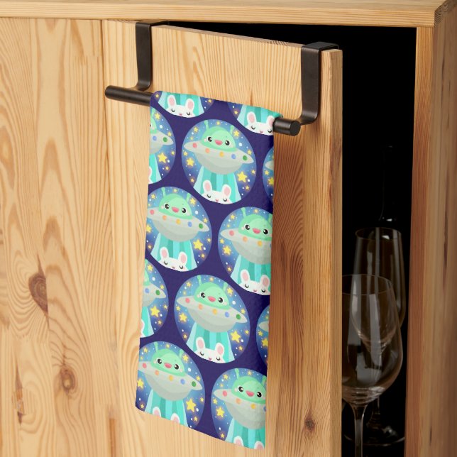 Cute Space Creature And Bunny Rabbit Tea Towel (Thirds Fold)