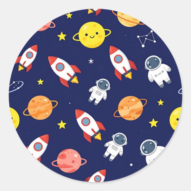 Cute Space Explorer Kids Pattern Classic Round Sticker (Front)