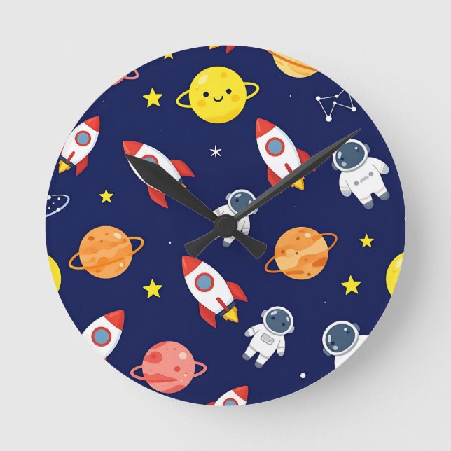 Cute Space Explorer Kids Pattern Round Clock (Front)