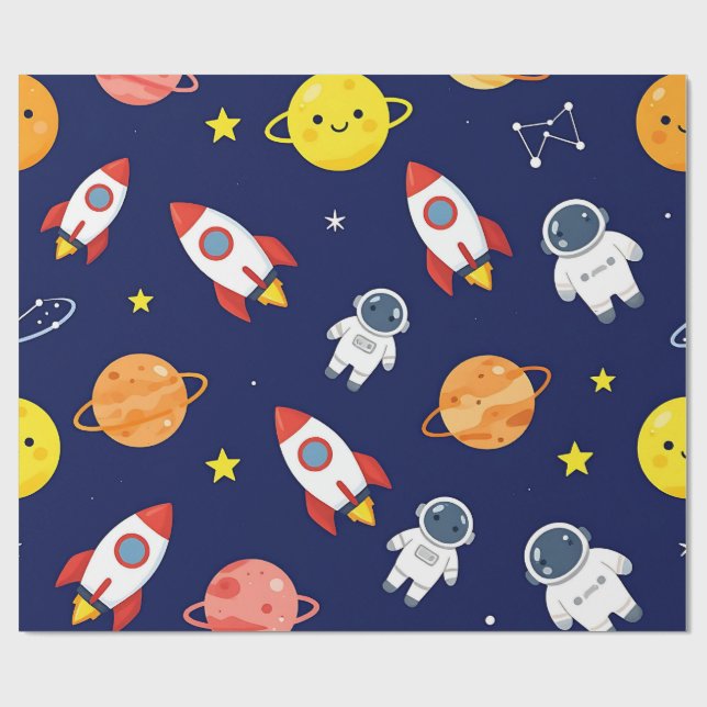 Cute Space Explorer Kids Pattern Wrapping Paper (Flat)