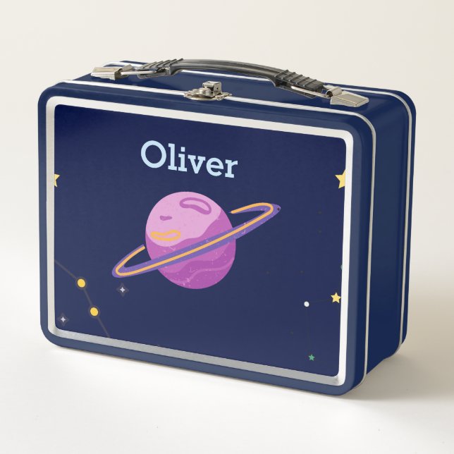 Cute Space Outer Solar System Personalised Name Metal Lunch Box (Front)