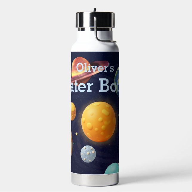 Cute Space Outer Solar System Personalised Name Water Bottle (Left)