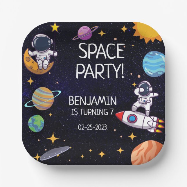 Cute Space Party Any Age Birthday Paper Plate (Front)