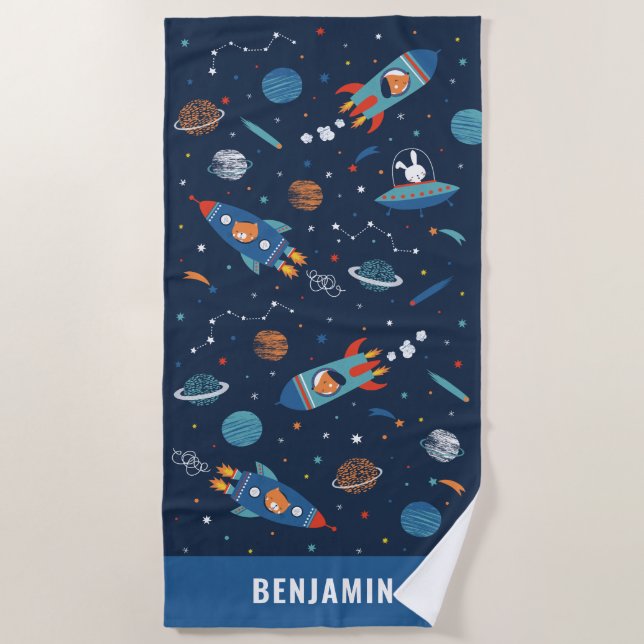 Cute space, planets and rocket ships with animals beach towel (Front)